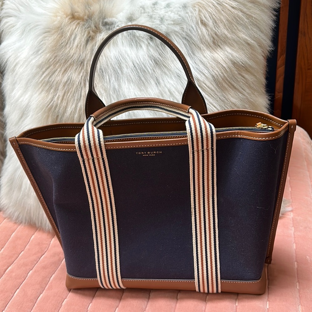 Tory Burch Navy Canvas and Tan Leather Tote with Multicolor Logo Strap - Picture 4 of 8